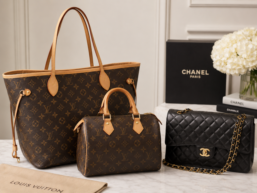 A selection of luxury "workhorse" handbags including a Louis Vuitton Neverfull, Speedy, and vintage Chanel Classic Flap for resale sourcing.